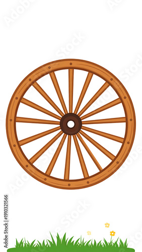 Wooden wagon wheel with spokes on grass
