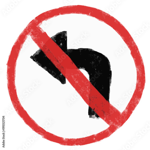 Cute hand drawn doodle watercolor crayon prohibited do not turn left allowed icon in red circle rounded traffic road sign kids nursery sticker illustration svg
