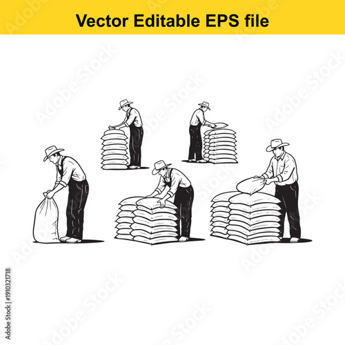  men working together stacking sandbags in a line