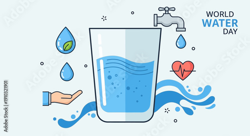 World Water Day illustration with a glass of water, dripping faucet, water drops, hand, heart, and leaf, symbolizing clean water and health.