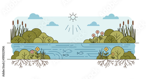 A detailed description of a vibrant pond ecosystem with aquatic life, plants, and sunlight in a flat vector illustration.
