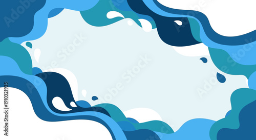 Abstract blue water waves and splashes forming a dynamic frame background with copy space.