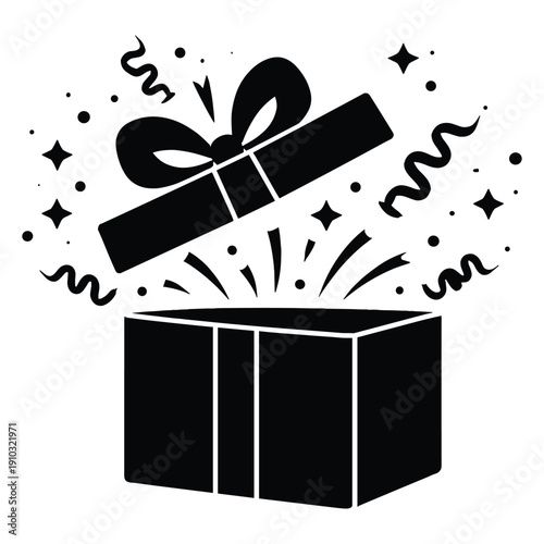 Open gift box with floating lid and decorations