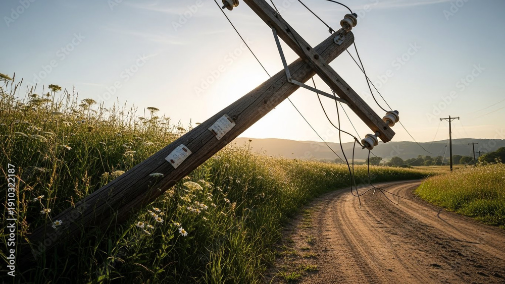 Obraz premium Fallen power line on a rural road at sunset casting long shadows and a winding path