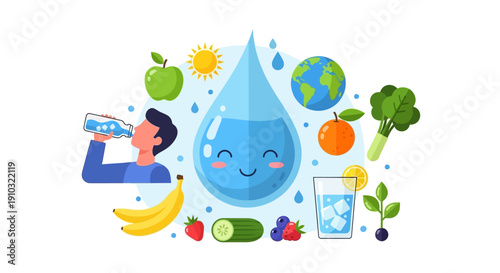 Illustration of a happy water droplet surrounded by healthy food, a person drinking water, and elements representing nature and well-being.