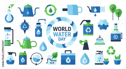 A vibrant flat design illustration featuring various water-related icons and symbols surrounding 'World Water Day' text, emphasizing conservation and sustainability.