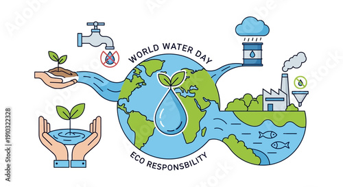 World Water Day and Eco Responsibility illustration showing water cycle, conservation, and environmental impact with a globe, plants, factory, and tap.