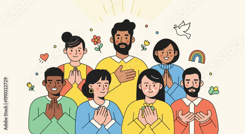 Diverse group of people from different backgrounds showing gestures of peace, unity, and spirituality, surrounded by symbols of harmony and love.