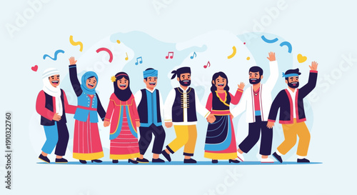 A vibrant illustration depicting a diverse group of men and women from different cultures and ethnicities, dressed in traditional clothing, celebrating unity and diversity.
