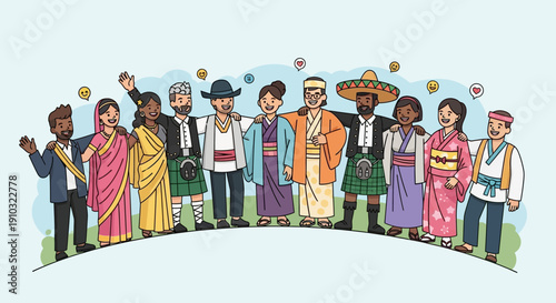 A diverse group of people from different cultures and ethnicities, dressed in traditional clothing, standing together in unity and friendship.