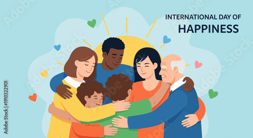 A diverse group of people of all ages hugging, celebrating the International Day of Happiness with a warm, inclusive, and joyful embrace.