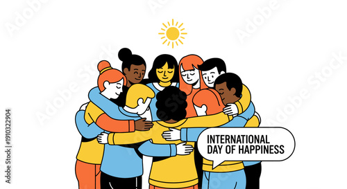 An illustration of a diverse group of people embracing in a circle under a sun, celebrating the International Day of Happiness.