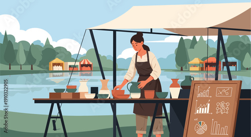 Woman tending a pottery stall at an outdoor market.