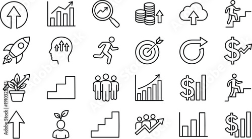 Growth and success icon set, business progress visuals, financial development symbols, strategic planning graphics, upward trend, achievement, motivation, leadership
