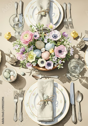 Elegant Easter table setting with flowers and pastel eggs  