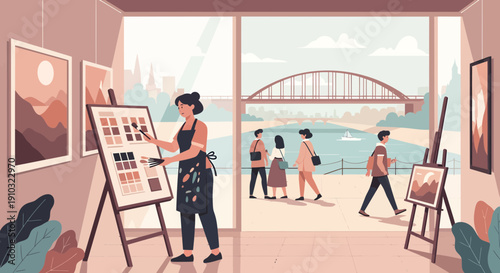 Artist at Work Painting in a Bright Studio with City View.