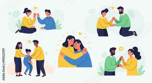 Illustrations depicting various acts of empathy, support, and friendship among diverse groups of people, showcasing positive human connection and care.