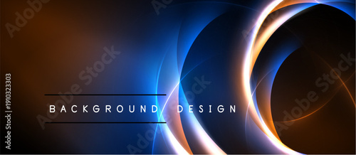 Abstract neon lines create dynamic background. Orange, blue hues blend into dark space. Modern design element.