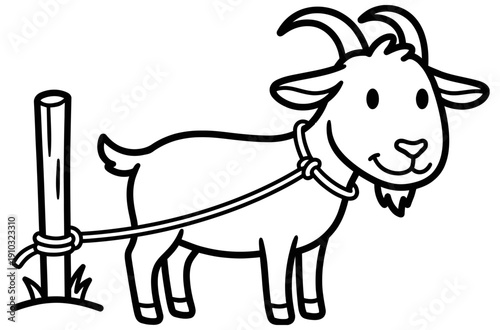 Happy cartoon goat tied to post