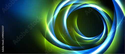 Abstract swirls, vibrant blues, greens create dynamic energy. Circular motion suggests depth, futuristic design. Light radiates from center.