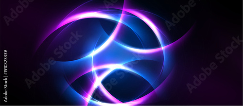 Abstract design features vibrant blue, purple glowing lines. Dynamic curves create energetic, modern visual impact. Dark background enhances luminosity.