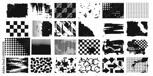 Collection of diverse black and white grunge textures and abstract graphic elements for distressed design backgrounds