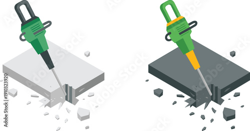 Isometric jackhammer demolition scene, electric breaker tool crushing concrete slab, construction equipment illustration, industrial repair and renovation concept