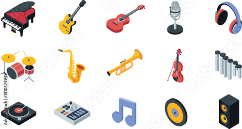 Isometric music instrument collection, piano guitars drums saxophone trumpet violin microphone headphones audio gear, colorful vector illustration set