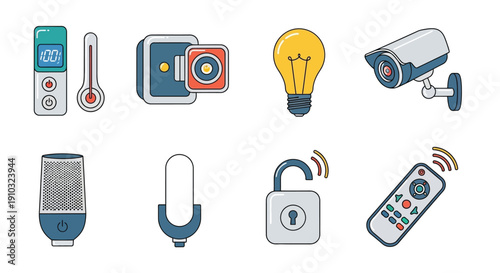 Collection of colorful smart home and security system icons displayed in a row