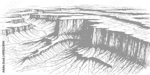 Top-down aerial view of a vast, rugged canyon landscape with steep cliffs and eroded terrain, monochrome graphic illustration.