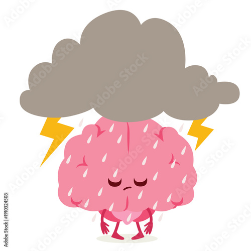 Cartoon vector illustration of a cute sad brain character with a large thunder storm cloud above it. Concept for mental problems, depression, stress, anxiety and emotional struggle