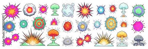 Collection of colorful explosion and blast effect comic book style illustrations for graphic design and visual impact