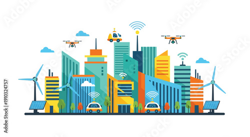 A vibrant illustration of a futuristic smart city with drones and renewable energy