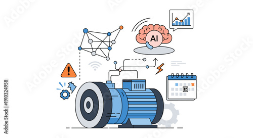 Illustration depicting a smart factory with an electric motor, artificial intelligence, data analysis, and connectivity for industrial automation and predictive maintenance.
