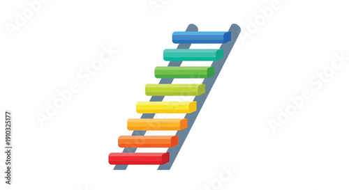 Colorful xylophone with seven bars arranged diagonally on a white background