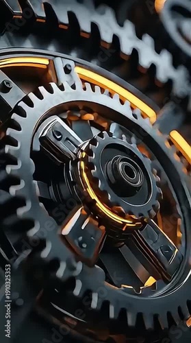 Close-up of intricate metallic gears with glowing orange light in a complex mechanism