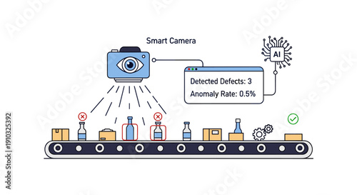 An automated smart camera system with artificial intelligence monitors a conveyor belt, efficiently detecting defects and anomalies in products during industrial manufacturing.