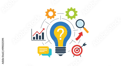 Innovation concept with a glowing question mark lightbulb and business icons