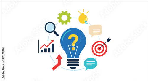 Conceptual image displaying ideas problem solving and innovation with various icons