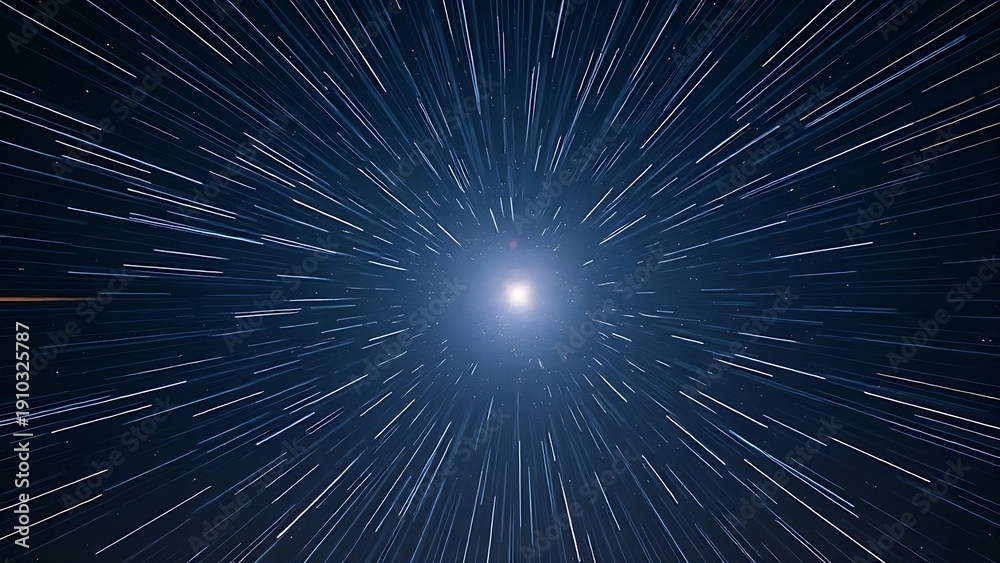 Fototapeta premium Star trails converging into a radiant point, piercing through the Milky Way in long exposure.