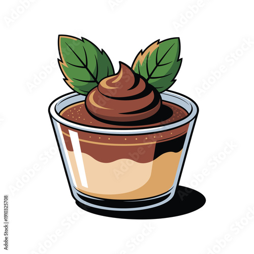 A cartoon illustration of a layered dessert in a small glass cup with chocolate mousse and green leaves on top