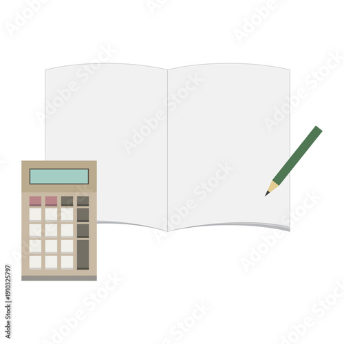 電卓と見開きノートと鉛筆のイラストセット
