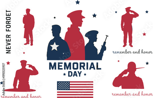 Memorial Day soldier silhouette illustration, patriotic remembrance artwork, military tribute design, US honor vector composition, national pride symbol, commemorative concept