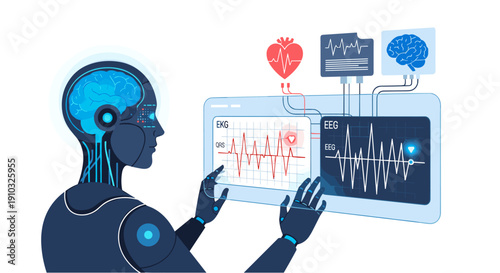 Advanced artificial intelligence robot meticulously analyzing complex medical data and vital signs on a futuristic transparent display screen.