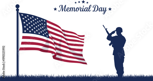 Memorial Day soldier silhouette illustration, patriotic remembrance artwork, military tribute design, US honor vector composition, national pride symbol, commemorative concept
