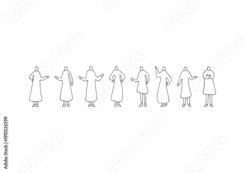 スカートをはいた女性のシンプルでゆるい手描きイラストセット（線画）