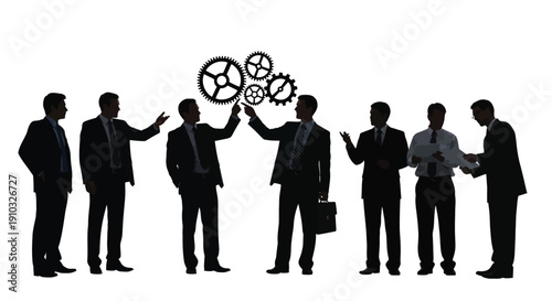 Business professionals silhouetted against a background of interconnected gears