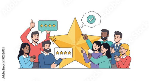 Team celebrating a five star customer rating with a golden star illustration