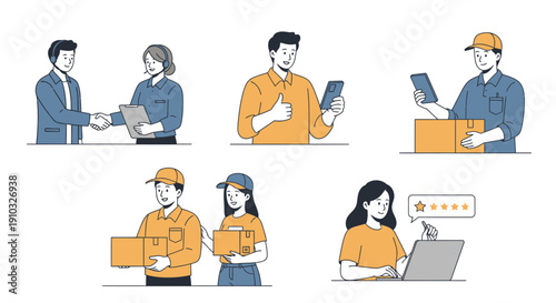 Illustrations of people involved in various aspects of delivery and customer service
