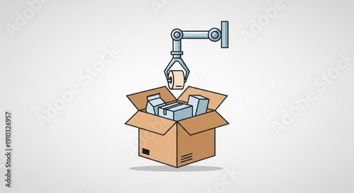 Robotic arm packaging boxes into cardboard container automated logistics and shipping concept industrial machinery illustration